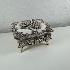 Vintage Silverplate Jewelry Box Floral Lid Red Velvet Lined